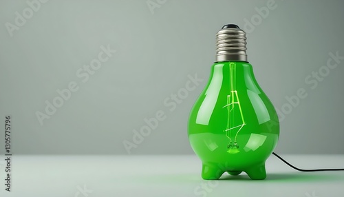 Green electic electric bulb piggy bank on neutral studio background as energy saving concept poster or banner