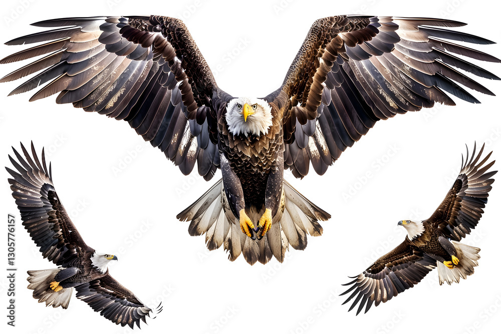 Obraz premium Powerful Bald Eagle Soaring High in the Sky with Majestic Outstretched Wings
