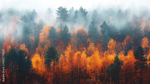 Breathtaking panoramic view of majestic mountains adorned with vibrant autumn foliage A sense of serenity renewal and change as golden leaves contrast with crisp blue skies evoking wonder and tranquil