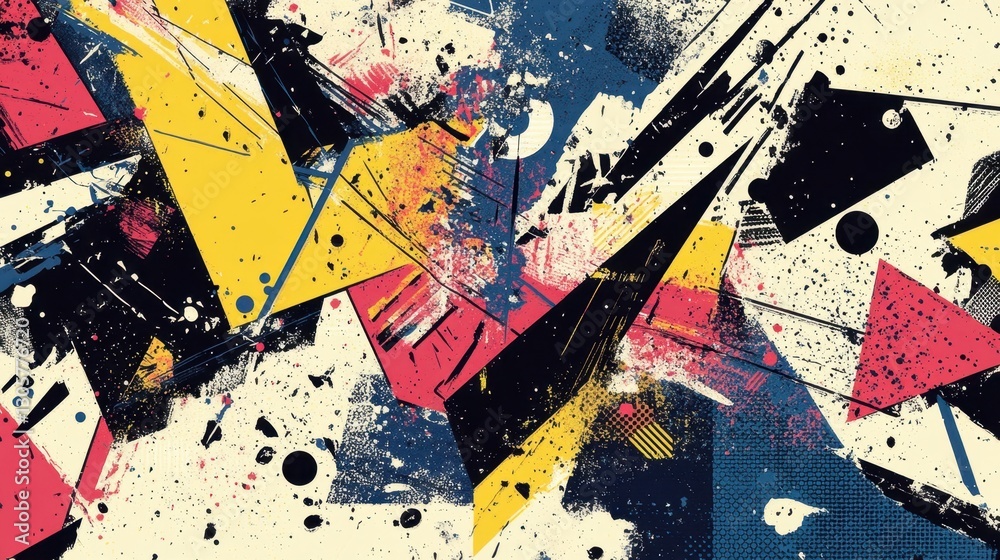 Fototapeta premium Explosive wallpaper with geometric comic debris halftone shadows and worn 1970s hues