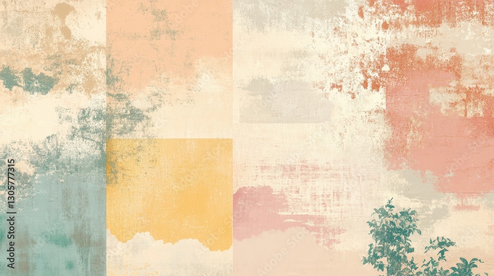 Obraz premium Wallpaper showcasing classic pastel blocks blended with halftone dots and ink effects