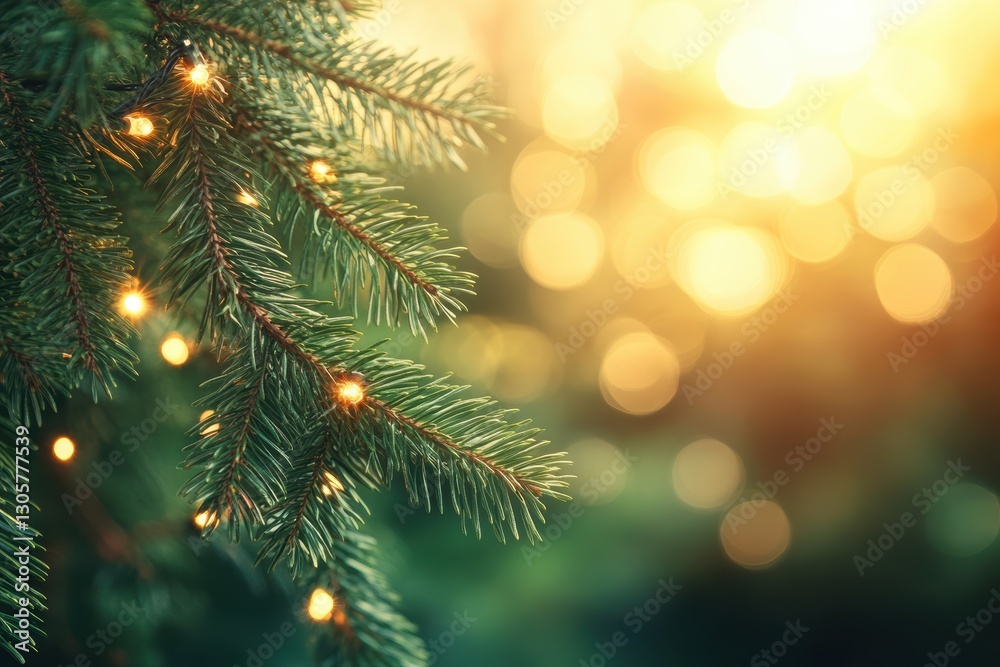 Close-up view of a pine tree adorned with decorative lights for a festive atmosphere. Close-up view of a pine tree adorned with decorative lights for a festive atmosphere.