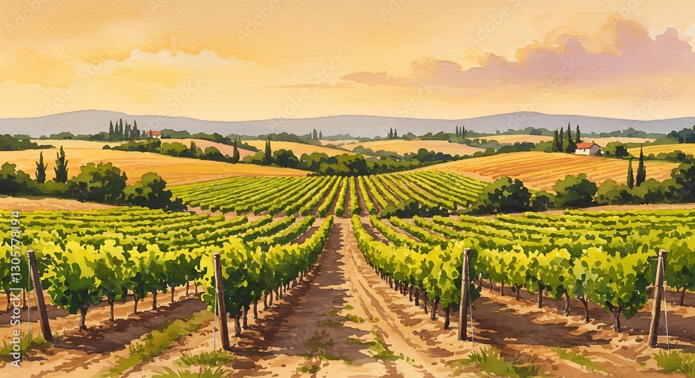 Fototapeta premium Watercolor Painting of a Vineyard at Sunset. 