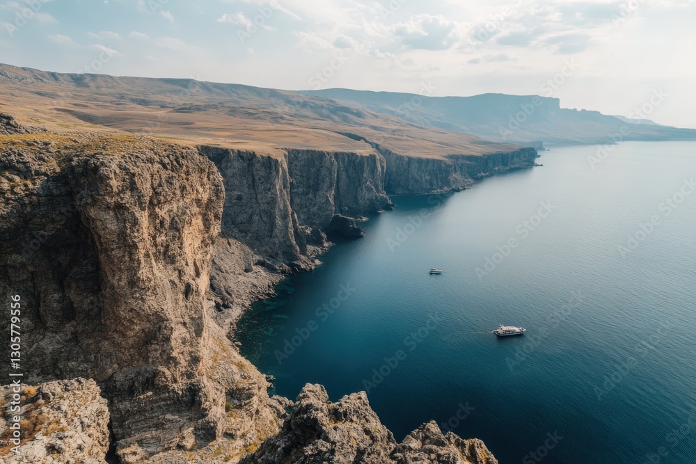 Rocky coastline meeting deep blue sea with boats sailing in crimea, ukraine Rocky coastline meeting deep blue sea with boats sailing in crimea, ukraine