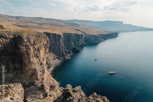Rocky coastline meeting deep blue sea with boats sailing in crimea, ukraine