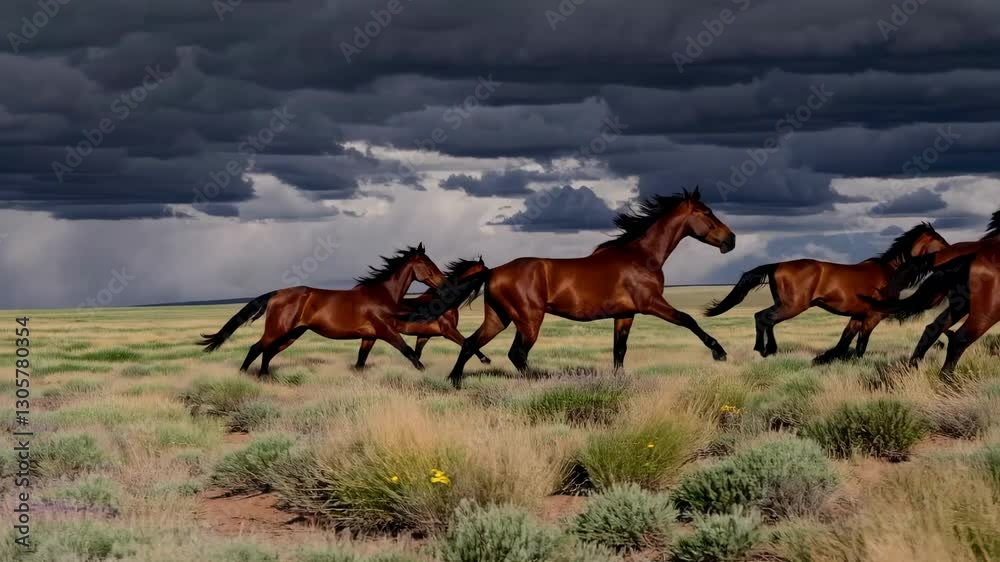 A dynamic video still of wild horses galloping across a vast plain under a dramatic stormy sky, captured from a low-angle perspective. A dynamic video still of wild horses galloping across a vast plain under a dramatic stormy sky, captured from a low-angle perspective.