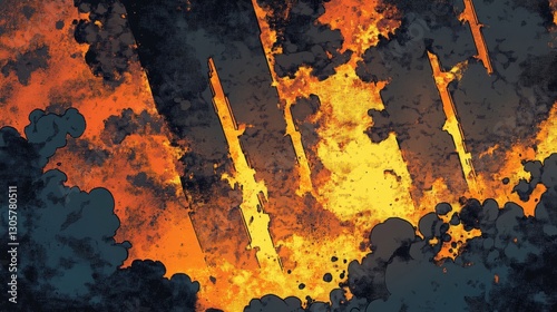 Crackling embers and dramatic ink flames in a pulp comic-inspired inferno halftone shading and fiery highlights creating a retro effect photo