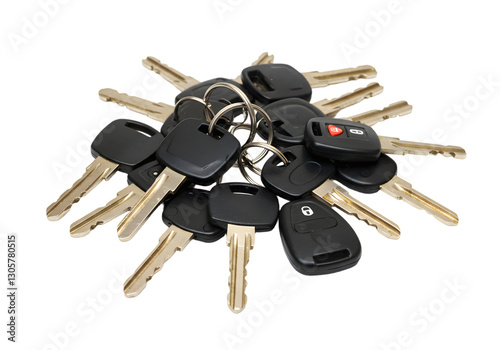 Collection of Car Keys and Key Fobs Piled Together on a White Background for Automotive and Security Concepts