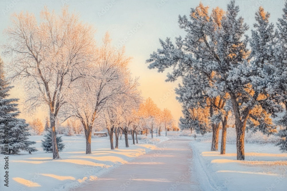 A tranquil snowy path lined with trees, creating a serene winter landscape. A tranquil snowy path lined with trees, creating a serene winter landscape.