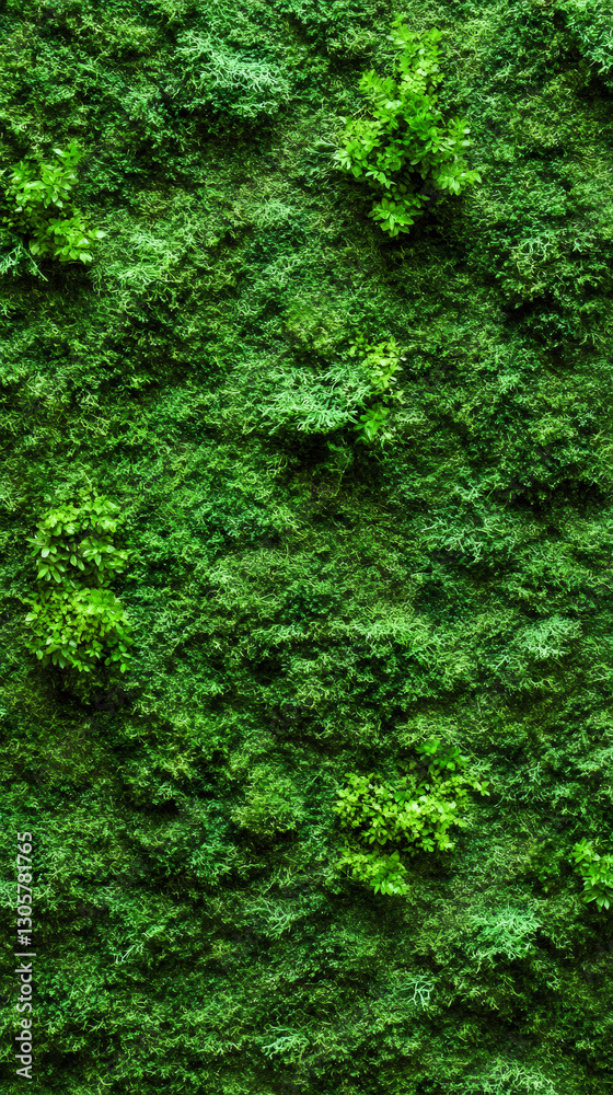 Fototapeta premium Vertical garden with various types of green plants growing on a wall, creating a lush and natural backdrop