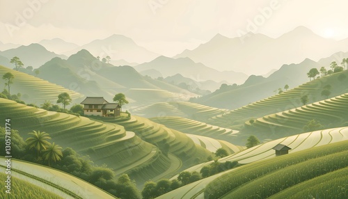 Serene Cultural Travel-Inspired Rice Fields and Houses Background
