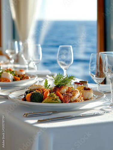 Fine dining on a ship, elegantly set table by an ocean view; sunlight dances on cuisine and glassware, enhancing the nautical elegance.