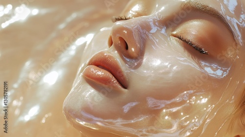 Glowing skin facial with pearl mask, soft ambient light, warm neutral tones, and luxurious refreshing mood, close-up perspective.