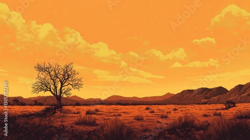 Minimalist retro wallpaper with desert landscape ink shading and stippled sky