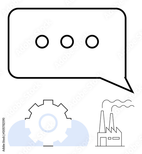 Speech bubble with three dots, gear over a cloud, and industrial factory illustrate connectivity, collaboration, technology, and manufacturing. Ideal for innovation, process development, technology