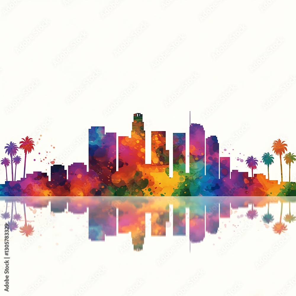 Obraz premium Watercolor Illustration of Palm Trees and City Skyline.
