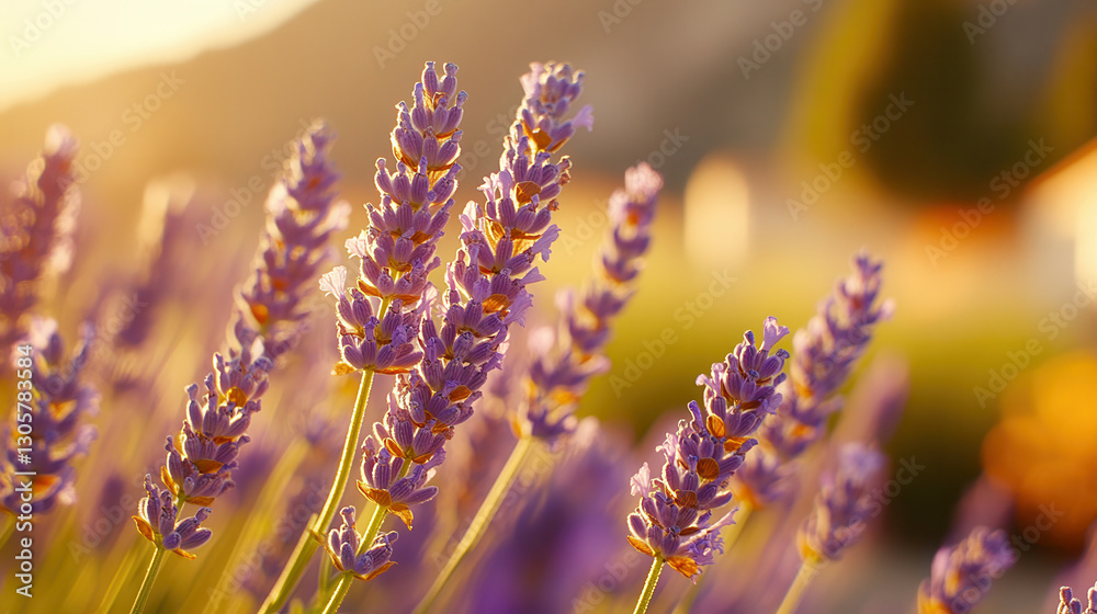 Obraz premium Lavender blooms bathed in golden sunlight sway gently, capturing the essence of a serene summer afternoon in a fragrant, vibrant field.