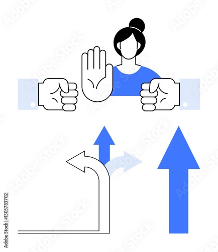 Woman raises hand to halt opposing fists, with arrows below highlighting choices and progress. Ideal for mediation, conflict resolution, decision-making, peacekeeping, leadership, empowerment