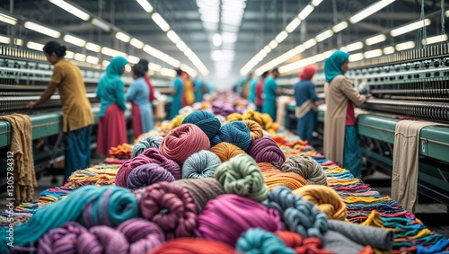 Vibrant yarns displayed in a bustling textile factory with workers busily engaged in their tasks