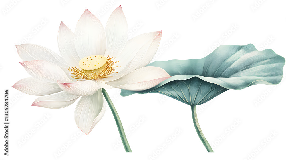 Fototapeta premium A white flower with a yellow center is shown next to a blue leaf