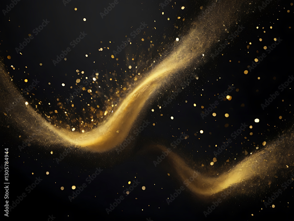 Obraz premium Abstract magic gold over black beautiful golden art widescreen phenomenon horizontal abstract glitter particle gold colored luxury no people illustration bright dust background. ai