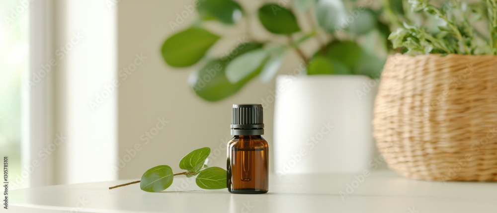 serene workspace featuring essential oil bottle, greenery, and natural light serene workspace featuring essential oil bottle, greenery, and natural light