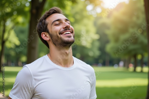 A Happy Young Adult Male Enjoys a Relaxing Day Outdoors in a Lush Green Park Under Warm Sunshine, Embracing Nature and Positivity