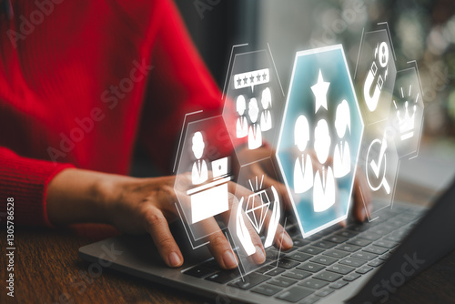 Visual representation of employer branding with digital icons and a professional using a laptop, symbolizing modern workplace strategies.