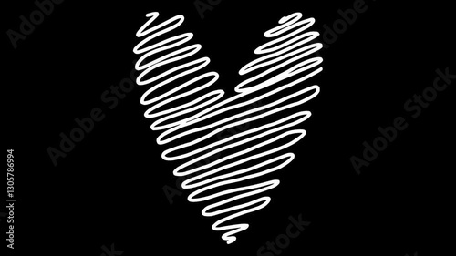 White wiggly hand drawn love heart curvy line shape icon on alpha 3