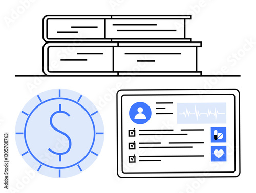 Stack of books, dollar symbol, and a digital health record interface with user details. Ideal for healthcare costs, education, financial management, medical data, knowledge research wellness. A