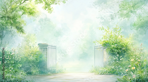 Open gate in misty green garden with soft light