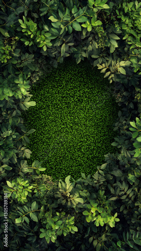 Verdant circular frame composing leafy wall, surrounding delicate green plants within natural, vibrant botanical arrangement