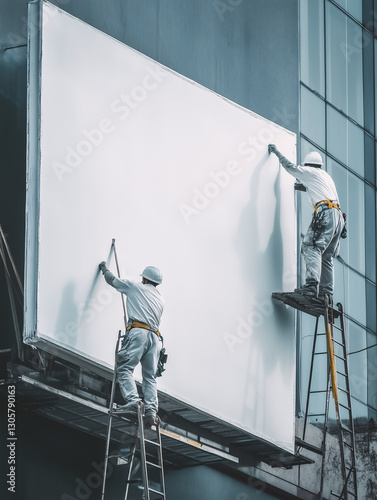Workers Installing Blank Outdoor Billboard – Advertising and Marketing Concept