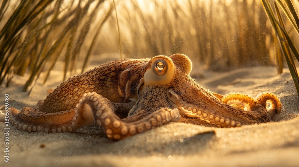 Fototapeta premium Octopus resting on sand near seagrass, soft golden light, muted earthy tones, and tranquil marine mood, close-up shot.