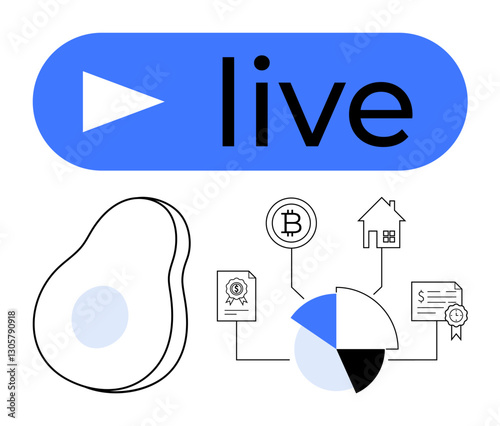 Play button and live text, avocado shape, pie chart connected to Bitcoin, house, certificate icons. Ideal for blockchain, live streaming, digital transactions, cryptocurrency property rights online