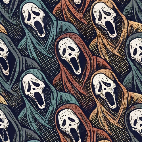 Seamless Horror Patterns Featuring Iconic Scream Characters Digital Art Dark Environment Close-Up Viewpoint Horror Concept