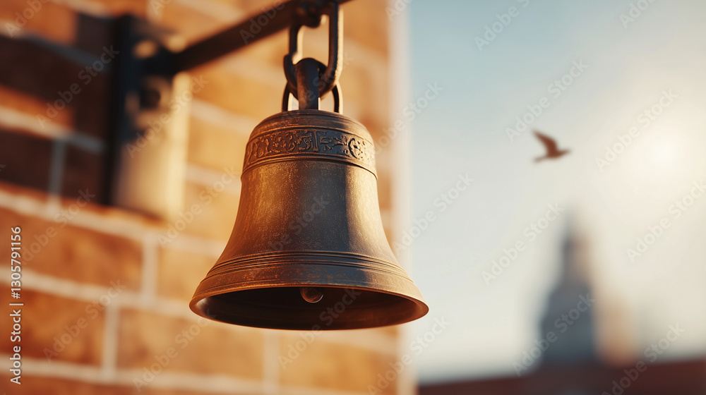 Obraz premium Detailed close-up of a vintage bell hanging against a blurred cityscape, evoking nostalgia and serenity at sunrise