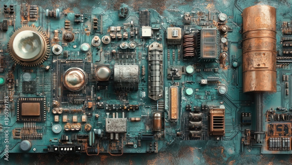 Abstract steampunk circuit board, with rusted copper and teal patina, showing intricate details of electronic components. Abstract steampunk circuit board, with rusted copper and teal patina, showing intricate details of electronic components.