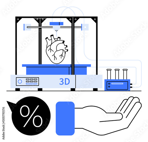 3D printer creating a human heart model beside lab equipment, a hand, and a percentage symbol. Ideal for healthcare, innovation, technology, medical research, anatomy, charity futuristic ideas flat