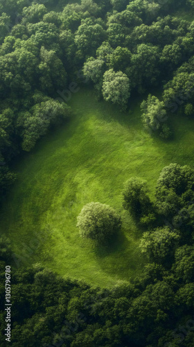 Aerial view of a vibrant green meadow nestled within a dense forest, creating a picturesque natural landscape