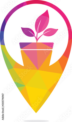 Garden location vector logo design. Flower pot with pin point icon design.