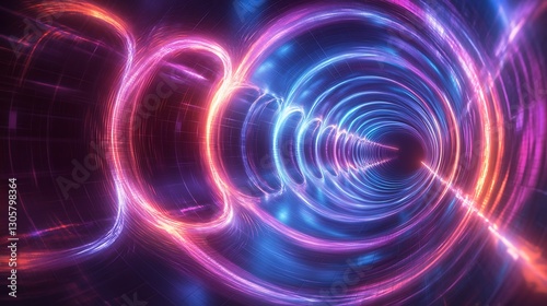 Hollow resonator chamber with electromagnetic modes swirling in vibrant arcs emphasizing precise cavity resonance