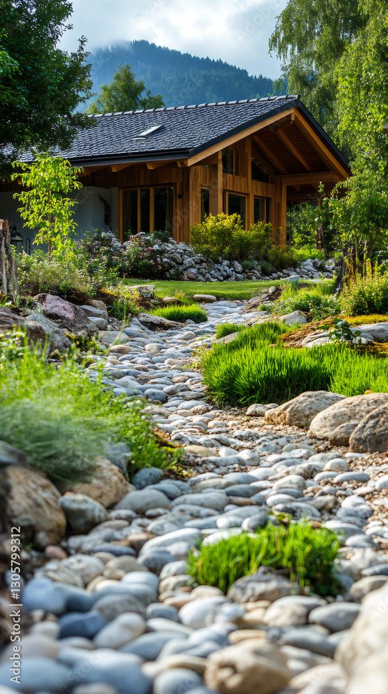 Decorative dry river bed landscaping with pebbles and rocks leading to a wooden chalet with mountain scenery in the background Decorative dry river bed landscaping with pebbles and rocks leading to a wooden chalet with mountain scenery in the background