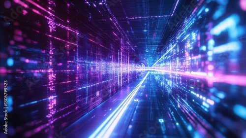 Futuristic wallpaper featuring neon grid with purple hues and VHS-like distortion