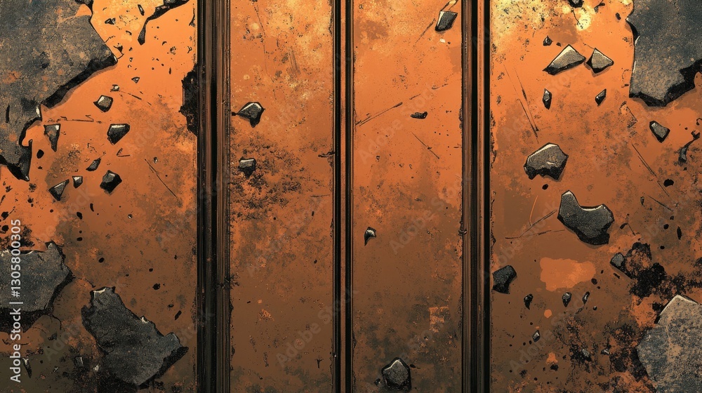 Fototapeta premium Textured comic-style backdrop with cracked rusted iron panels and halftone speckles