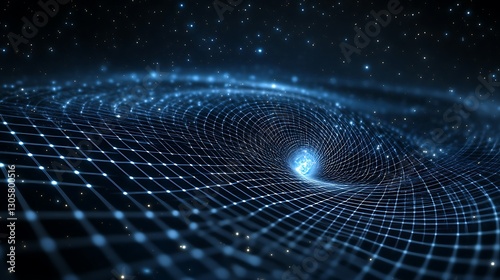 Merging swirl of spacetime grid with quantum wave ripples capturing attempts to unify quantum gravity subtle starfield backdrop