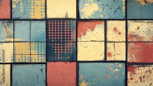 Vintage wallpaper with rusted panels comic ink details and halftone depth