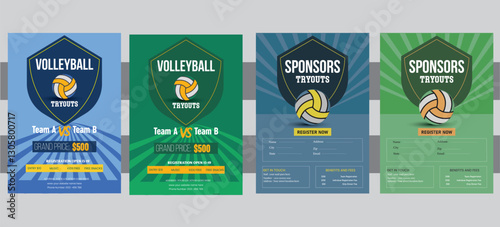 Volleyball camp posters, flyer with volleyball ball - template vector design. Volleyball championship flyer layout, double sided poster design for Volleyball tournament, vector illustration eps 10.