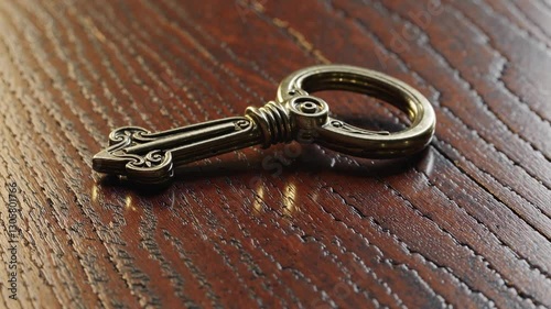 Close-up video of an ornate vintage key on a wooden surface. Shot from a low angle, highlighting intricate details and texture of the wood grain.