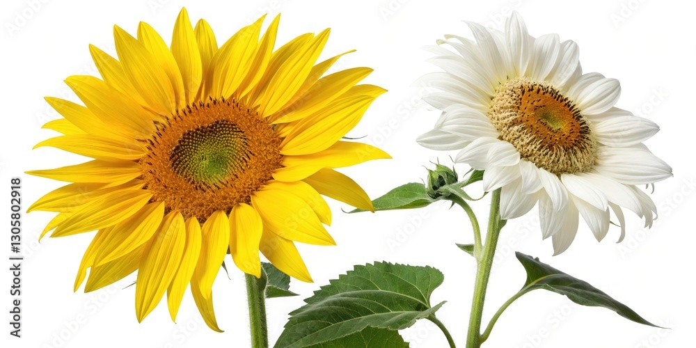 Fototapeta premium Vibrant Yellow Sunflower Isolated, Summer Flower Photography, Single Sunflower Bloom, White Background, Closeup Sunflower Image, Sunny Flower Picture